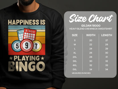 Sweatshirt with "Happiness is Playing Bingo" and bingo balls. Size chart included.