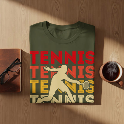Olive green t-shirt with "TENNIS" in red and tan lettering and a tennis player silhouette.