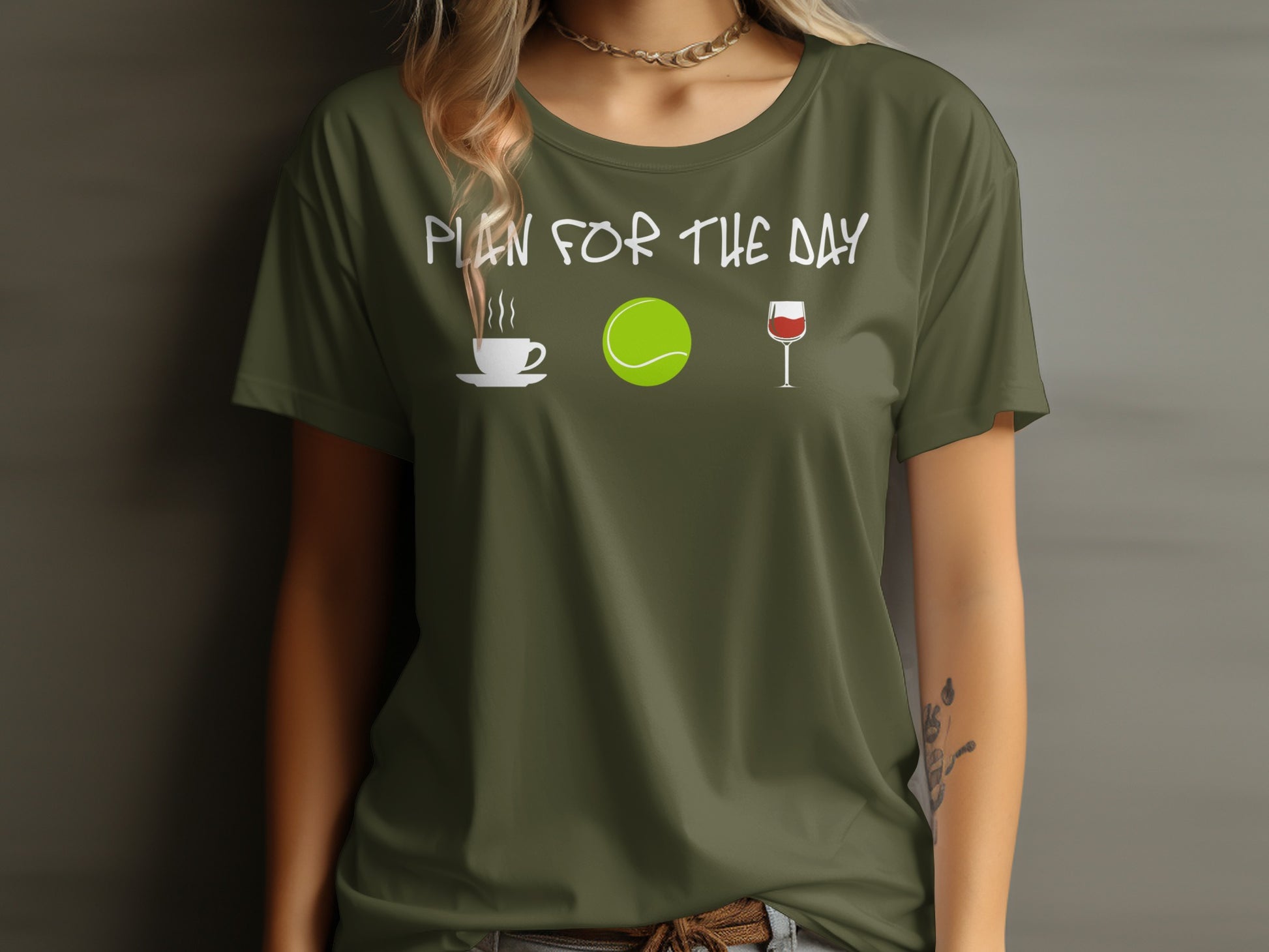Green t-shirt with "PLAN FOR THE DAY" text and coffee, tennis ball, and wine glass icons.