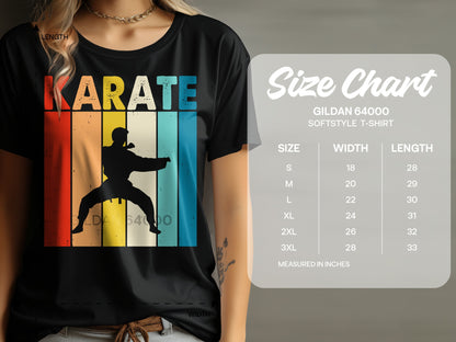 T-shirt with "KARATE" graphic and size chart overlay.