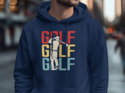 Navy hoodie with vintage "GOLF" text and golfer graphic.