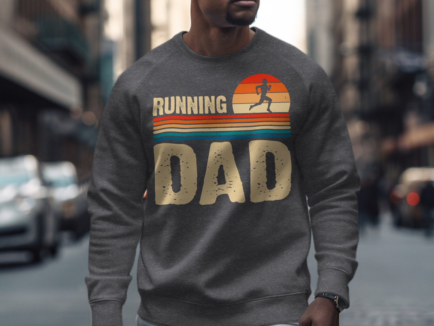 Gray sweatshirt with "Running Dad" text and silhouette of runner in sunset.