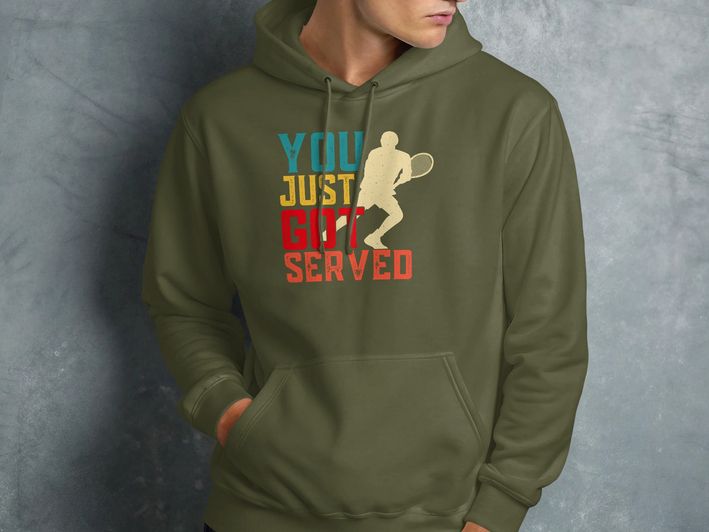 Green hoodie with graphic of tennis player and text "YOU JUST SERVED".