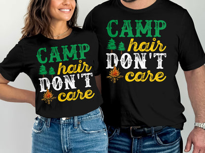 Two people wear black t-shirts with "CAMP HAIR DON'T CARE" text and camping graphics.
