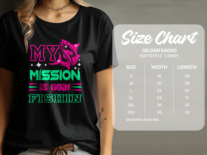 Black t-shirt with pink and green "My Mission Is Goin Fishin" text and fish graphic.