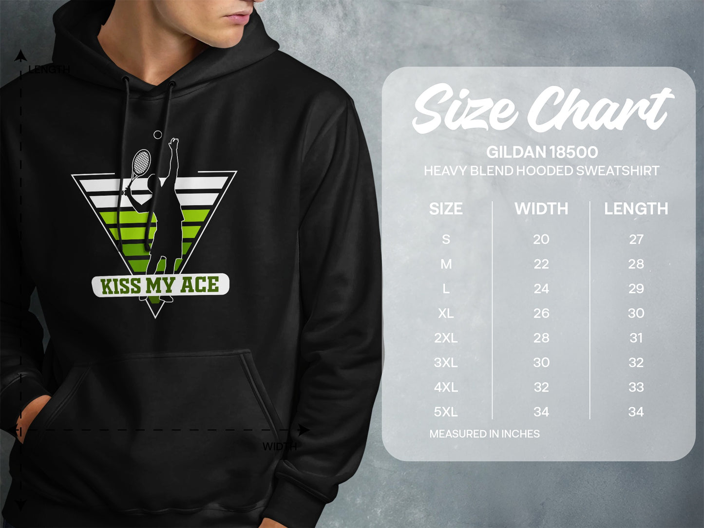 Black hoodie with "Kiss My Ace" graphic and Gildan 18500 size chart.