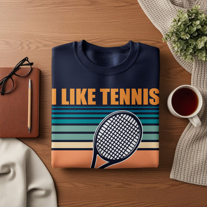 Navy sweatshirt with "I LIKE TENNIS" text and tennis racket graphic.