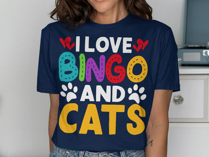 Navy t-shirt with "I Love Bingo and Cats" text and paw prints.