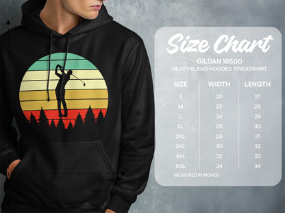 Gildan 18500 hooded sweatshirt size chart showing width and length in inches.