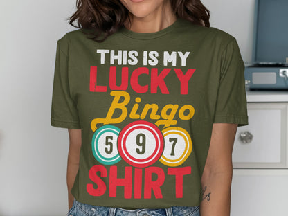 This is my lucky bingo shirt with colorful bingo balls and numbers.