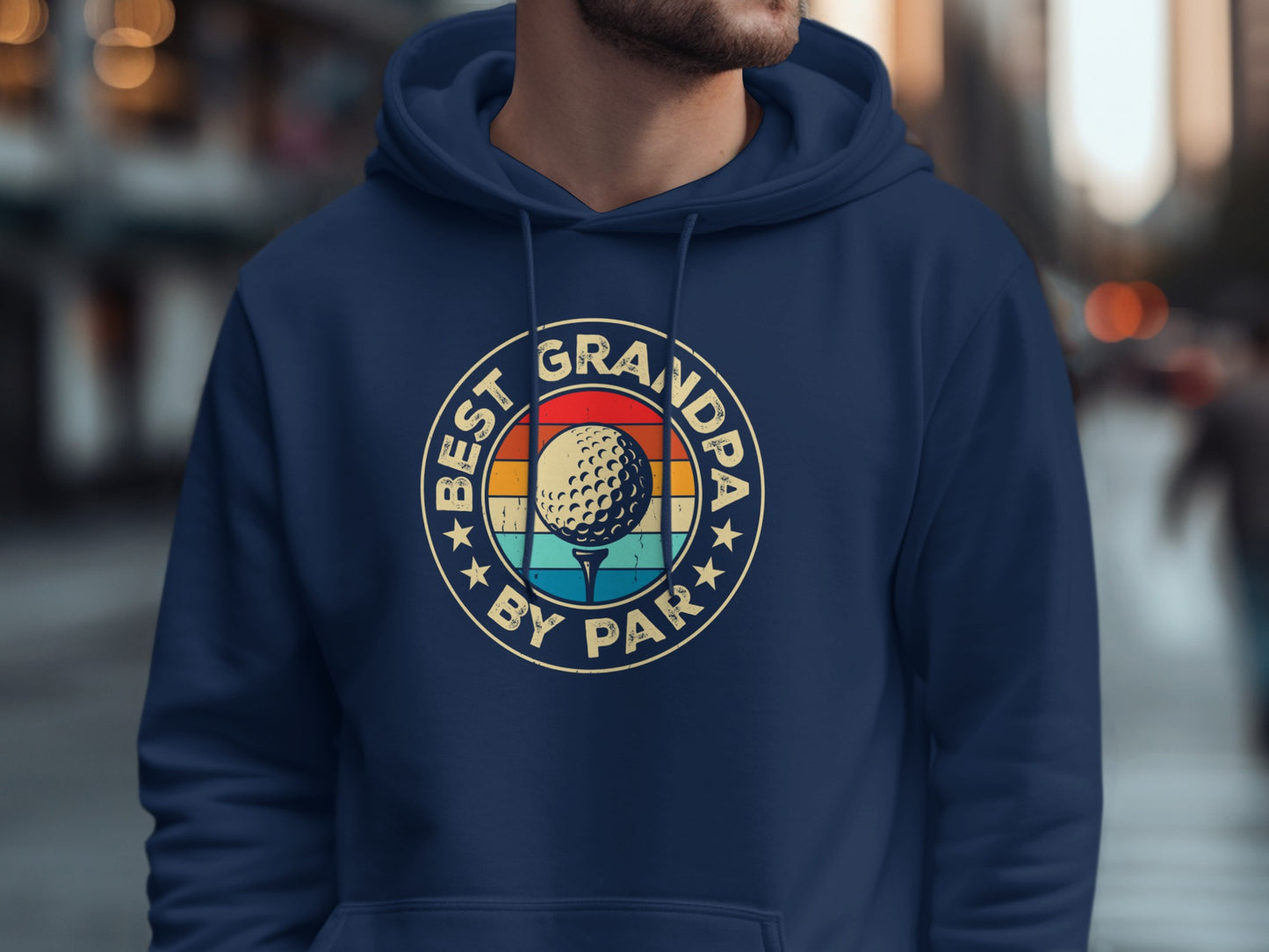 Navy hoodie with "Best Grandpa By Par" text and golf ball graphic.