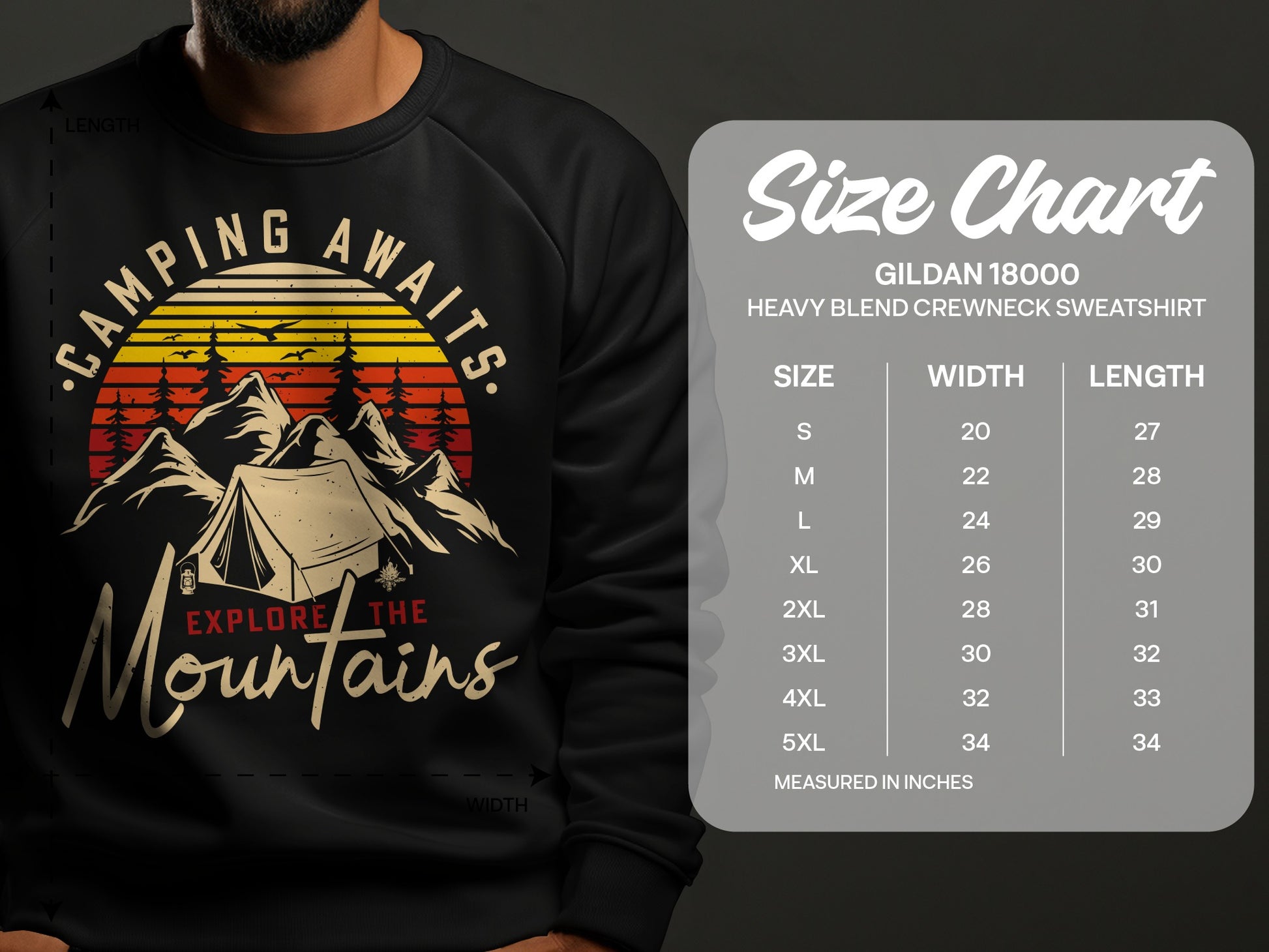 Sweatshirt graphic with "Camping Awaits" and size chart.