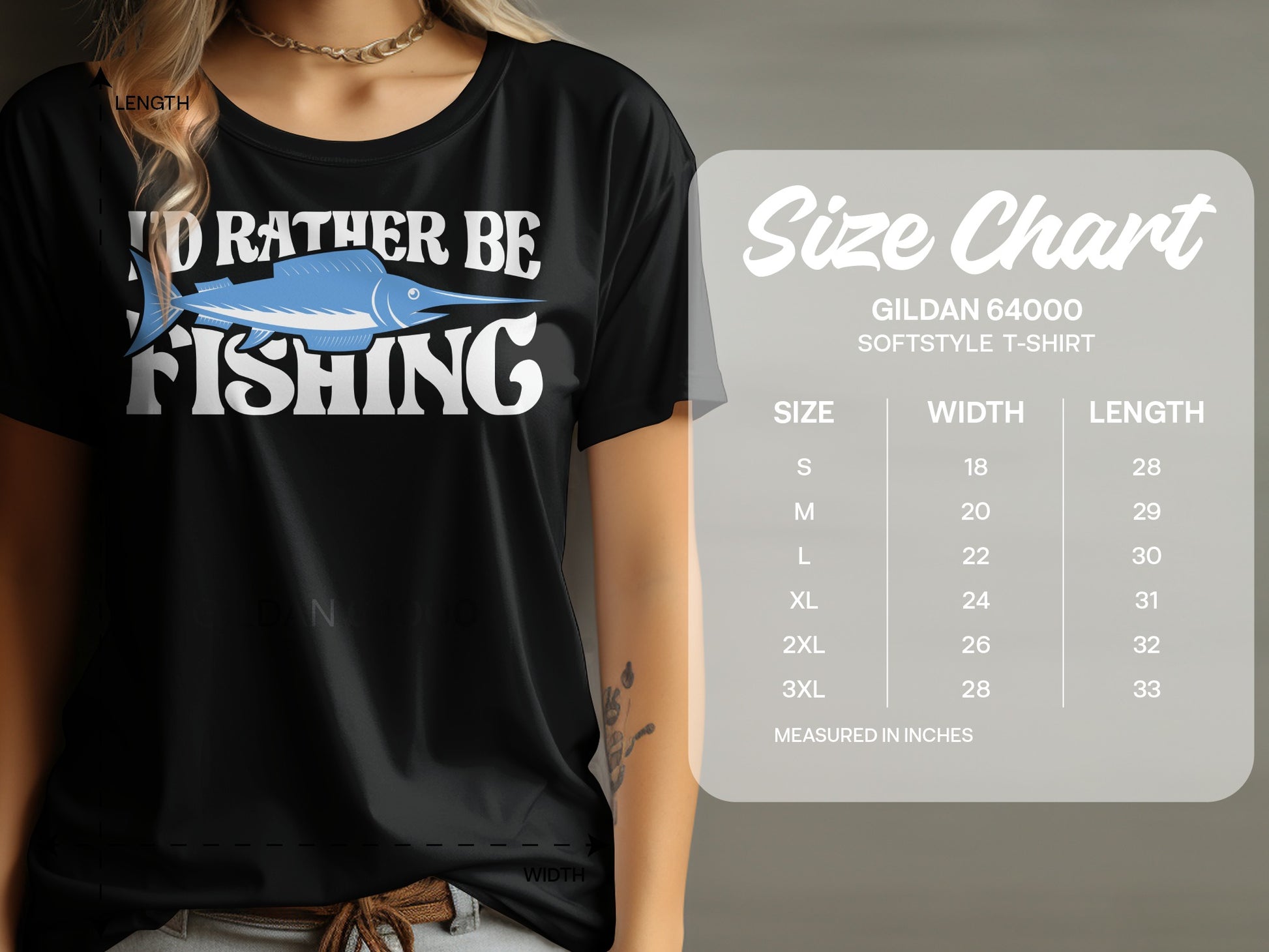 Black t-shirt with "I'd Rather Be Fishing" graphic and size chart.