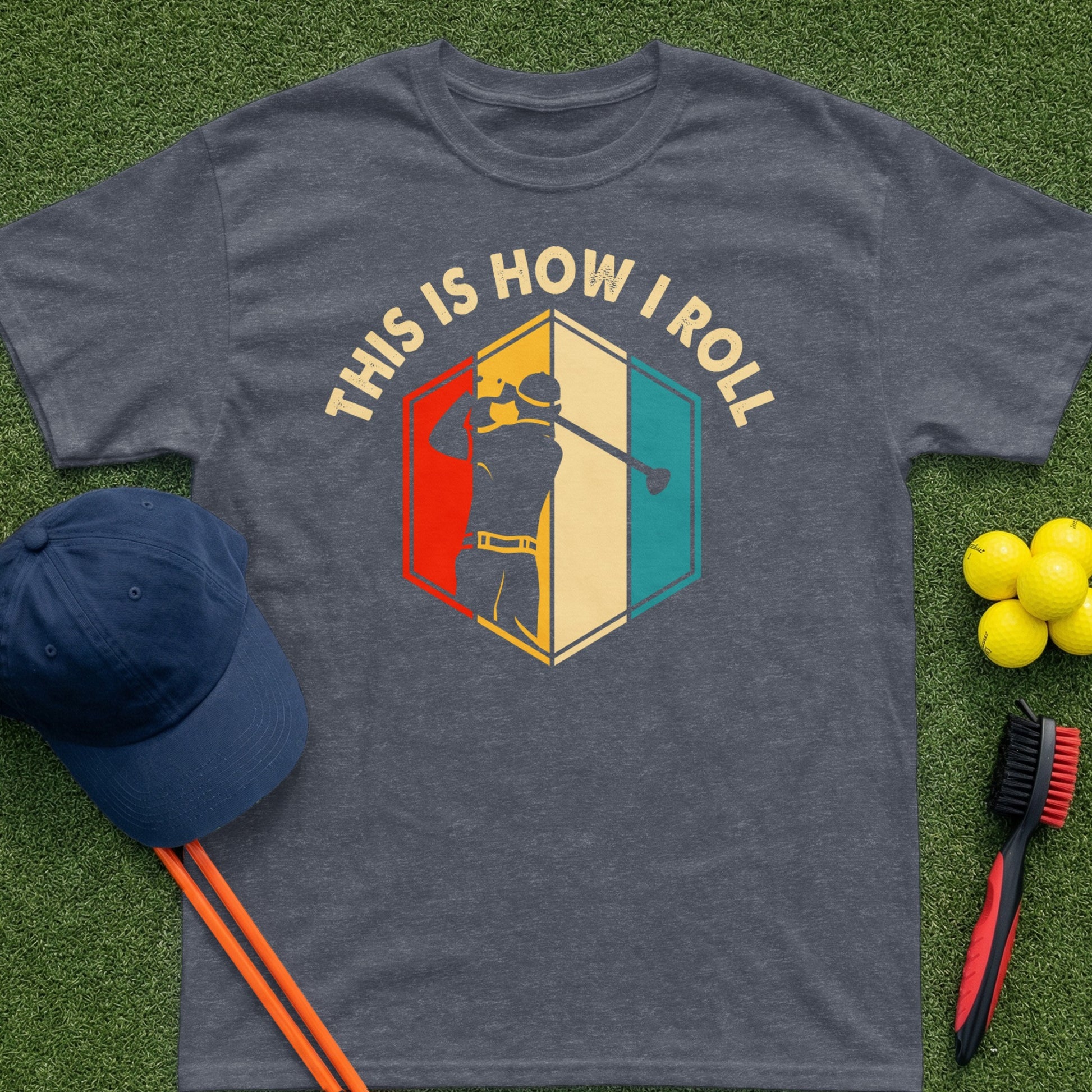 Dark t-shirt with golfer graphic and text "This is how I roll".