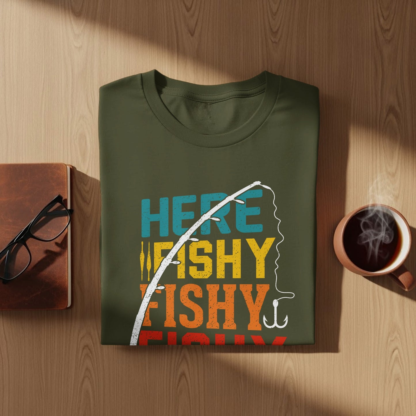 Green t-shirt with "Here Fishy Fishy" text and fishing hook design.
