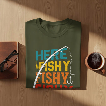Green t-shirt with "Here Fishy Fishy" text and fishing hook design.