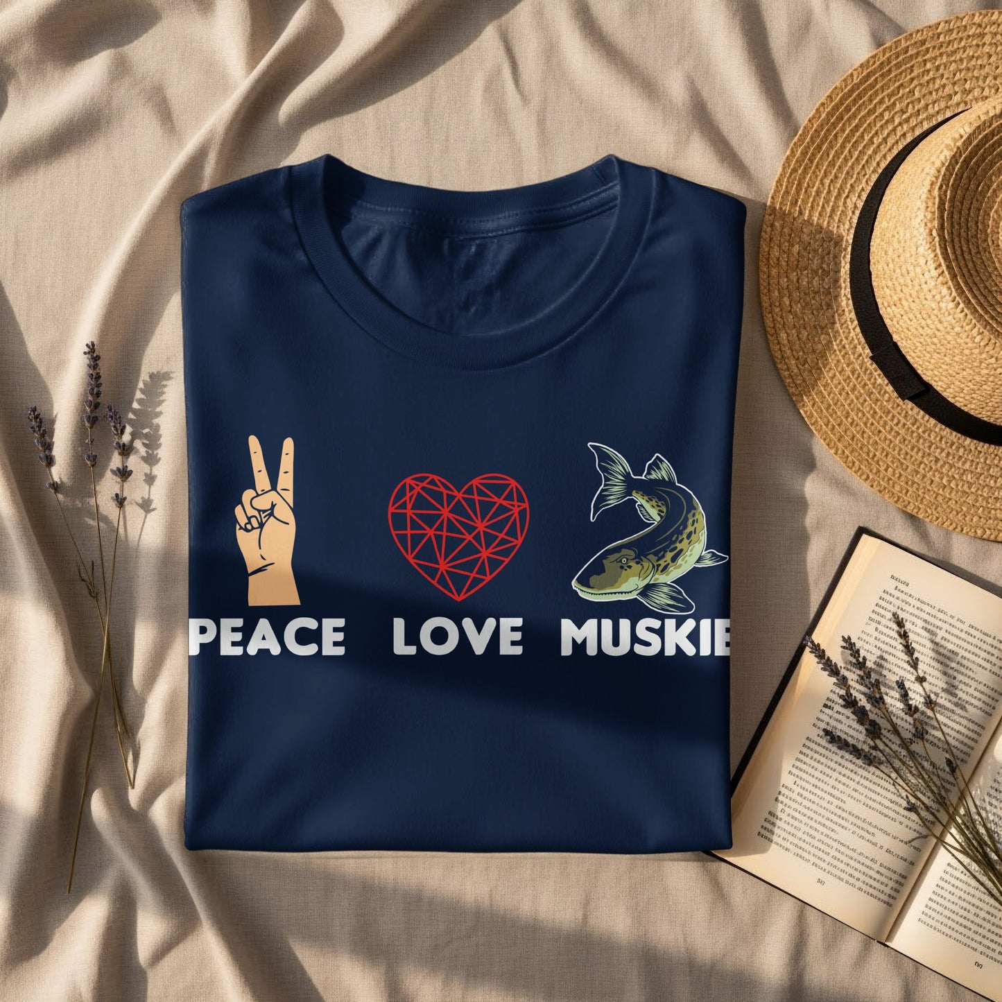 Navy t-shirt with Peace Love Muskie graphic and straw hat.