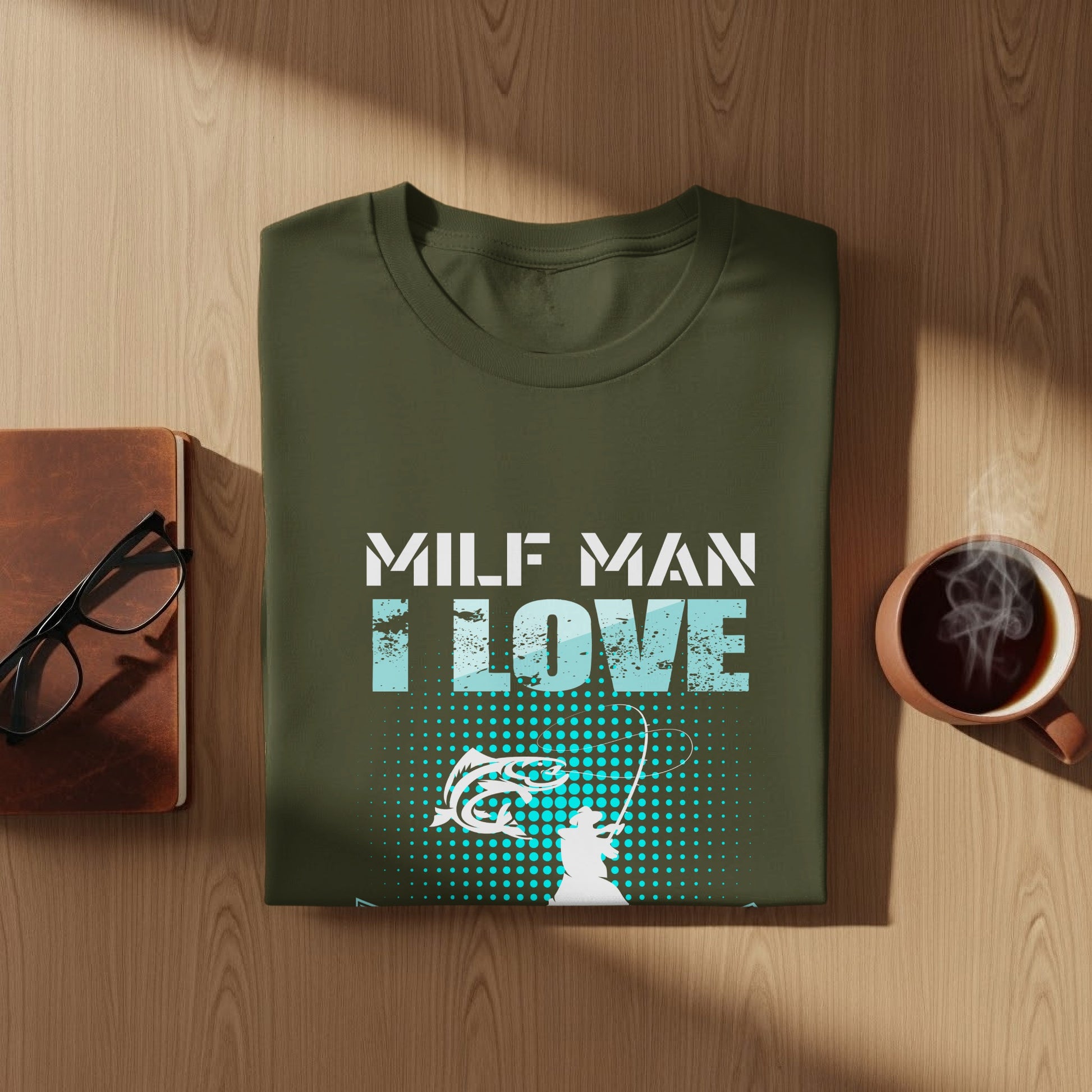 Olive t-shirt with "MILF MAN I LOVE FISHING" graphic and fishing scene.