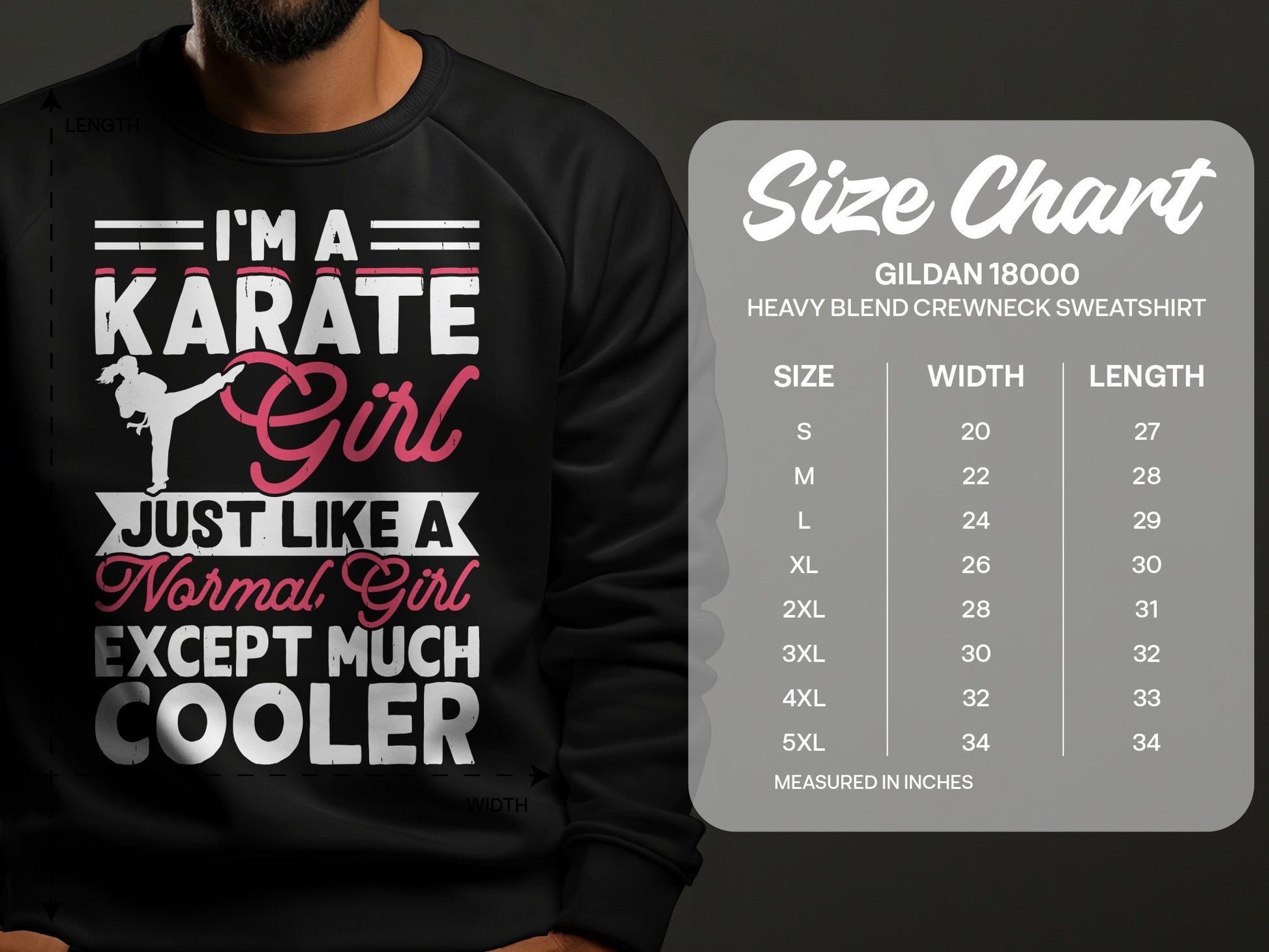 Karate Girl graphic sweatshirt size chart with measurements.