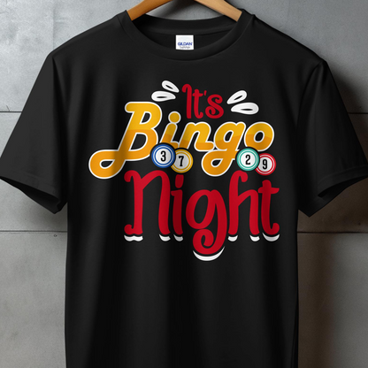 Black t-shirt with "It's Bingo Night" text and bingo balls.