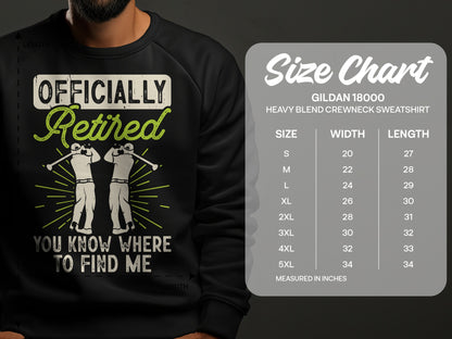 Officially Retired sweatshirt with size chart for Gildan 18000 crewneck.