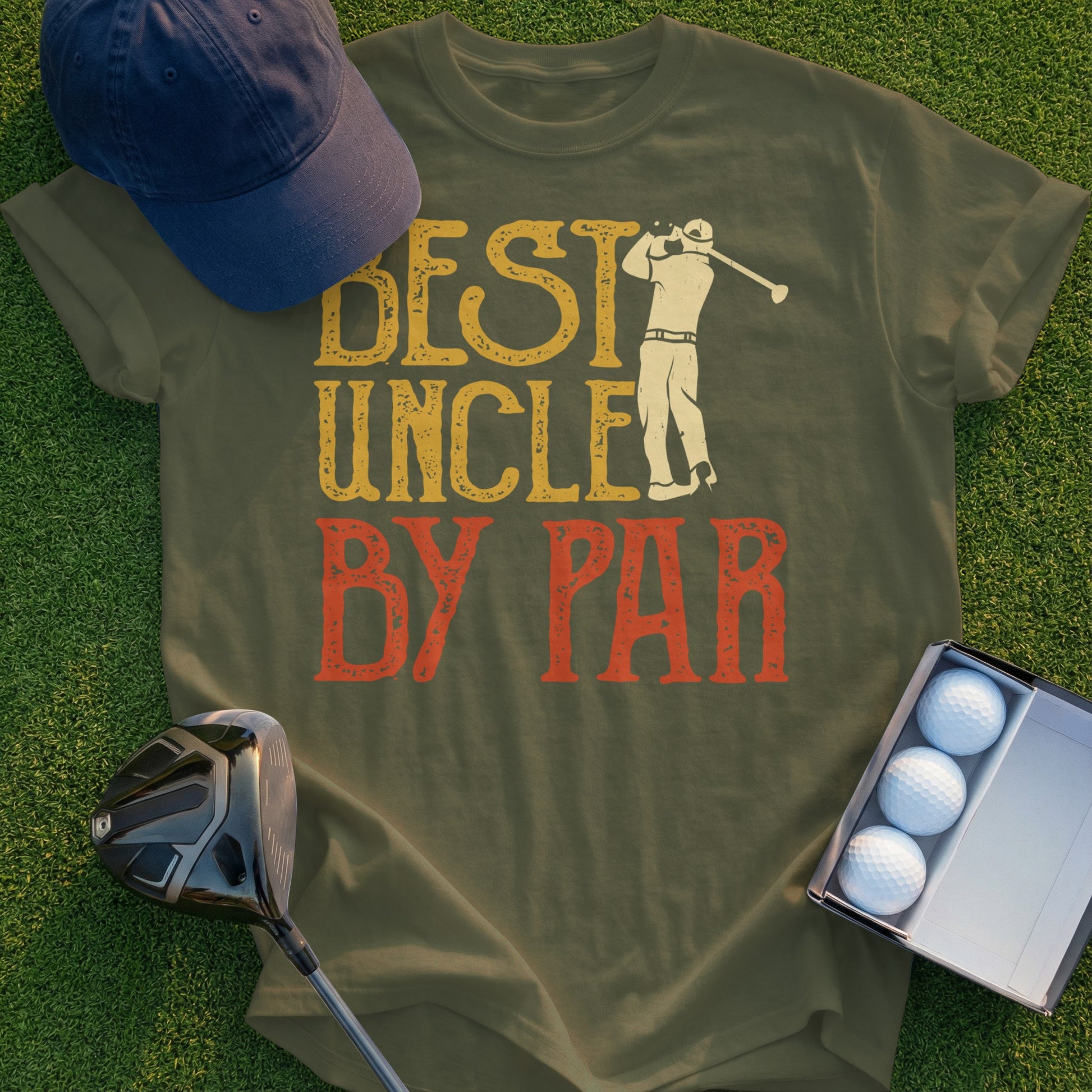 Olive green t-shirt with "Best Uncle by Par" text and golfer graphic.
