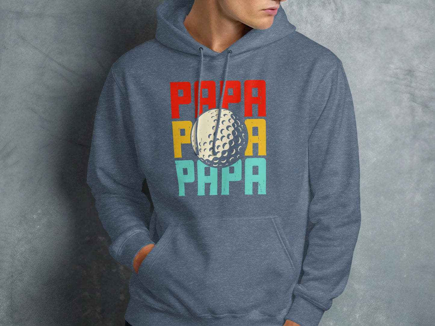 Blue hoodie with distressed PAPA text and golf ball graphic.