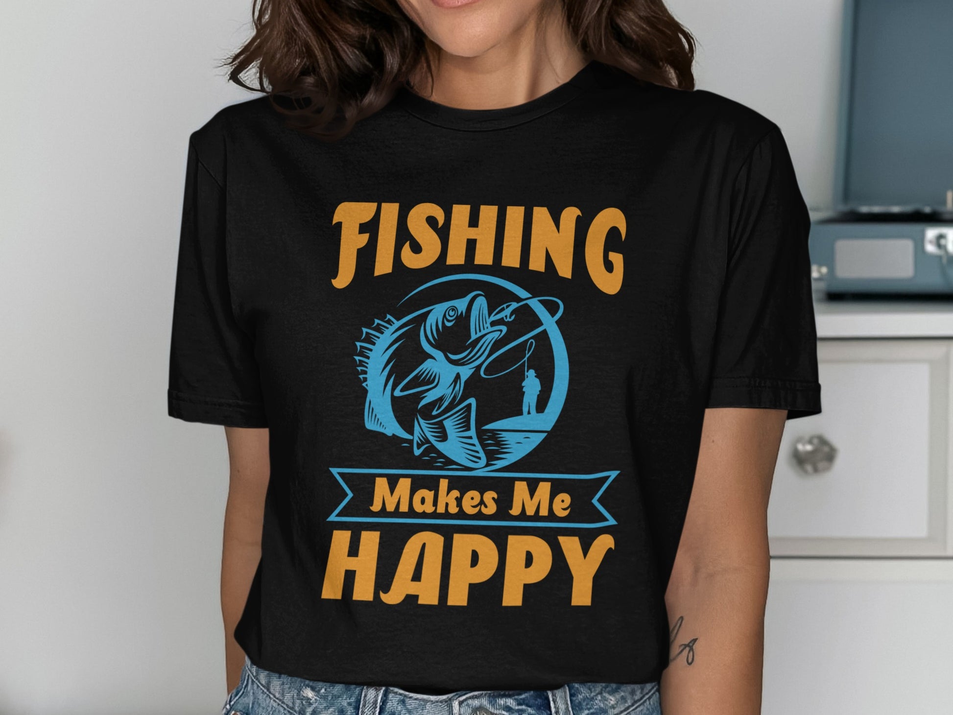 Black t-shirt with "FISHING Makes Me HAPPY" text and fishing graphic.
