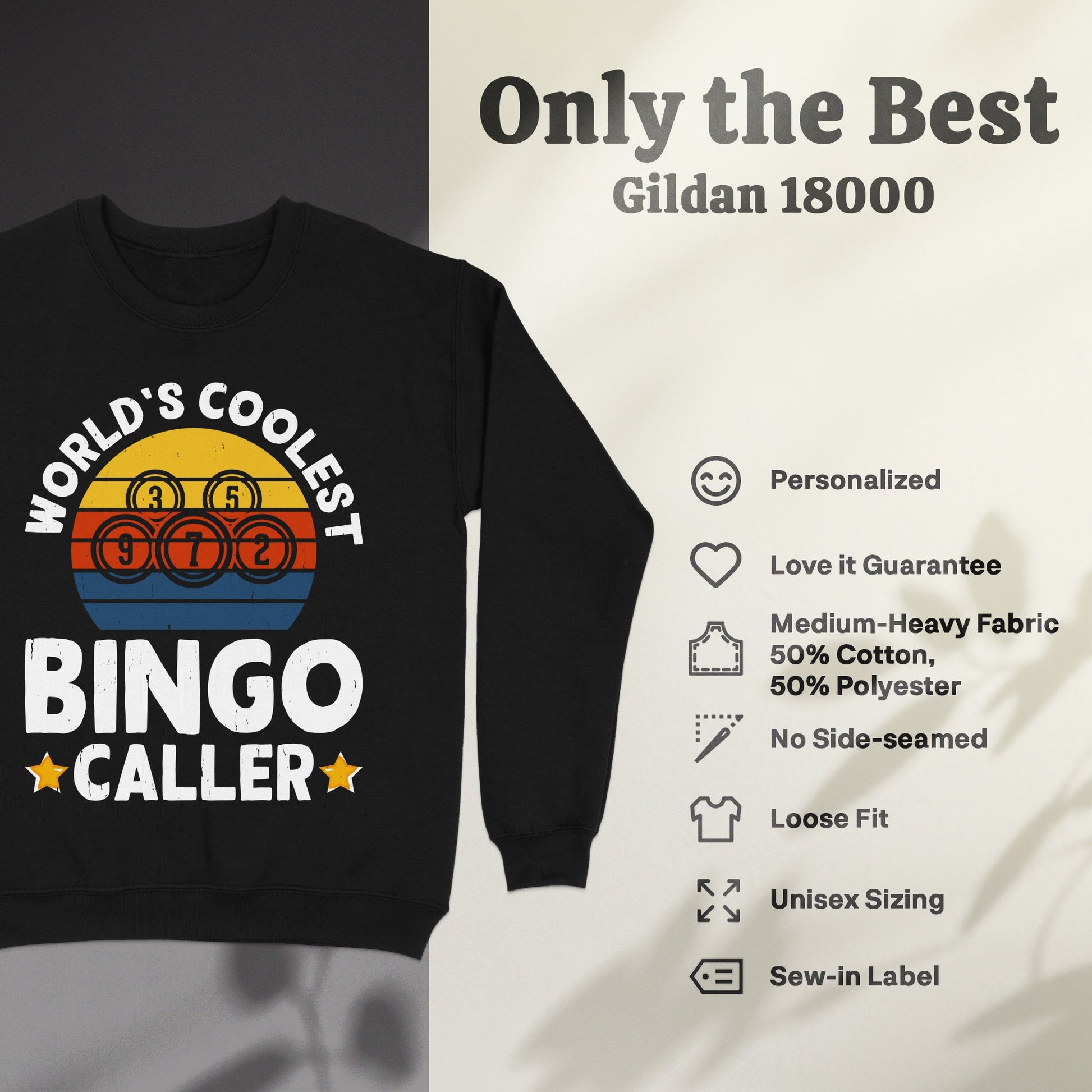 Black sweatshirt with "World's Coolest Bingo Caller" text and bingo balls.