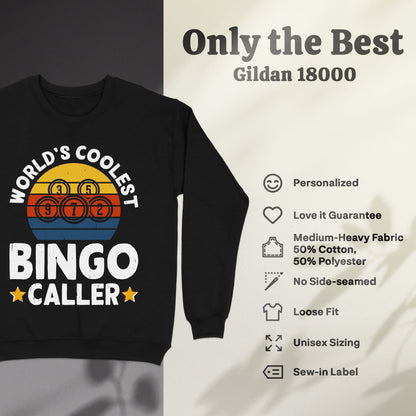 Black sweatshirt with "World's Coolest Bingo Caller" text and bingo balls.