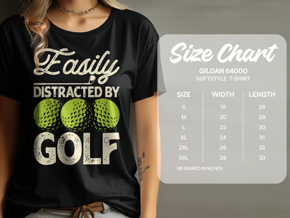 T-shirt with "Easily Distracted by Golf" text and three golf balls, alongside a size chart.