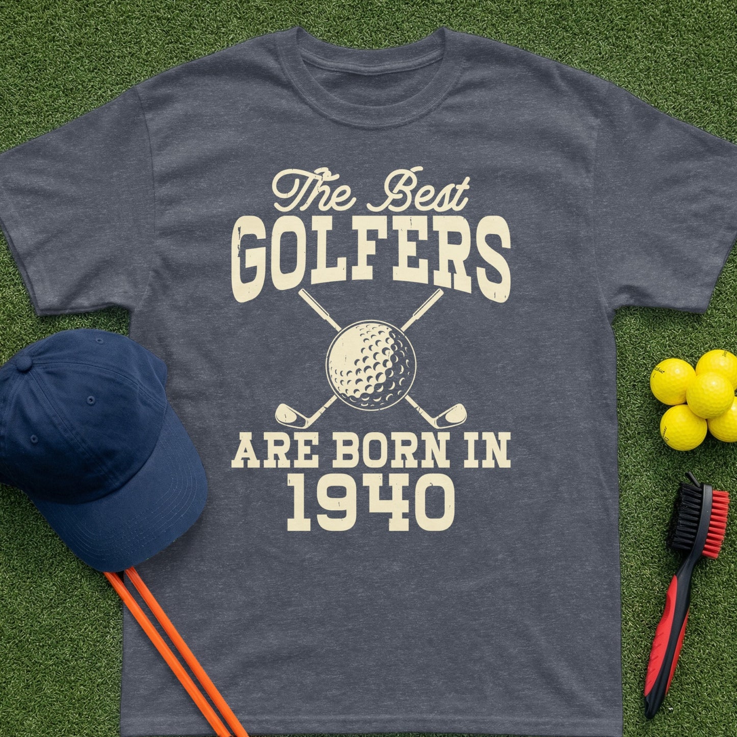 T-shirt with text "The Best Golfers Are Born In 1940" and golf imagery.