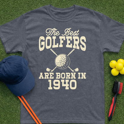 T-shirt with text "The Best Golfers Are Born In 1940" and golf imagery.