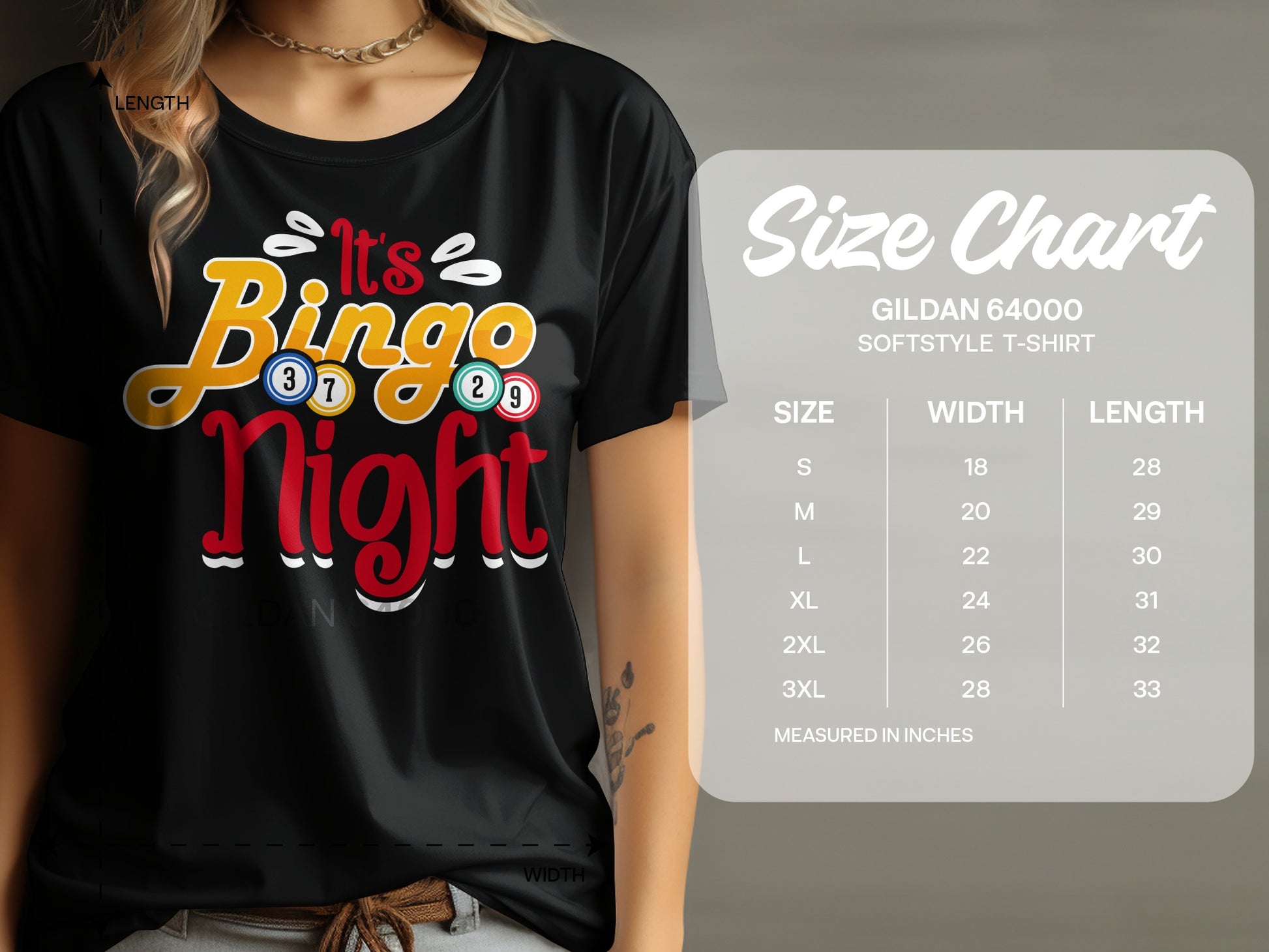 Black t-shirt with "It's Bingo Night!" graphic and size chart.
