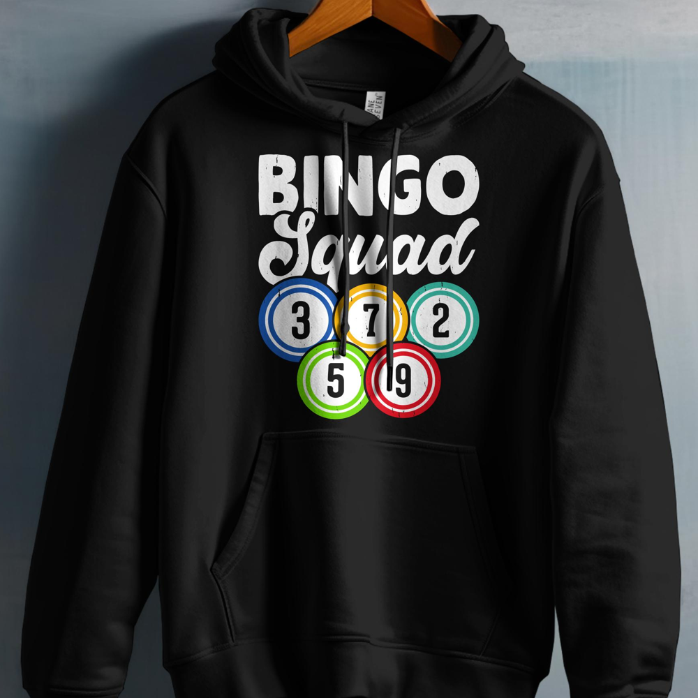 Black hoodie with "Bingo Squad" text and colorful bingo balls.