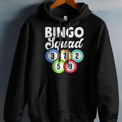 Black hoodie with "Bingo Squad" text and colorful bingo balls.