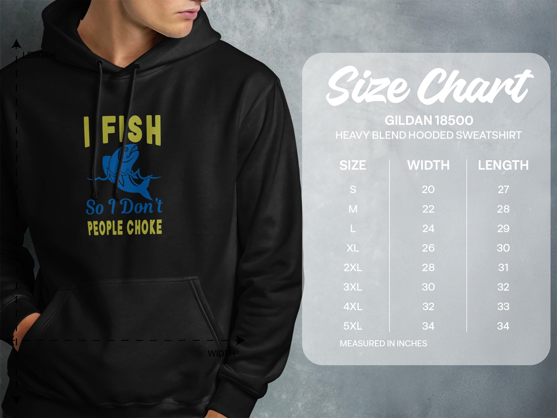 Gildan 18500 size chart for hooded sweatshirts, measured in inches.