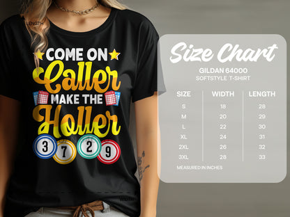 T-shirt with "Come on Caller Make the Holler" text and bingo balls.