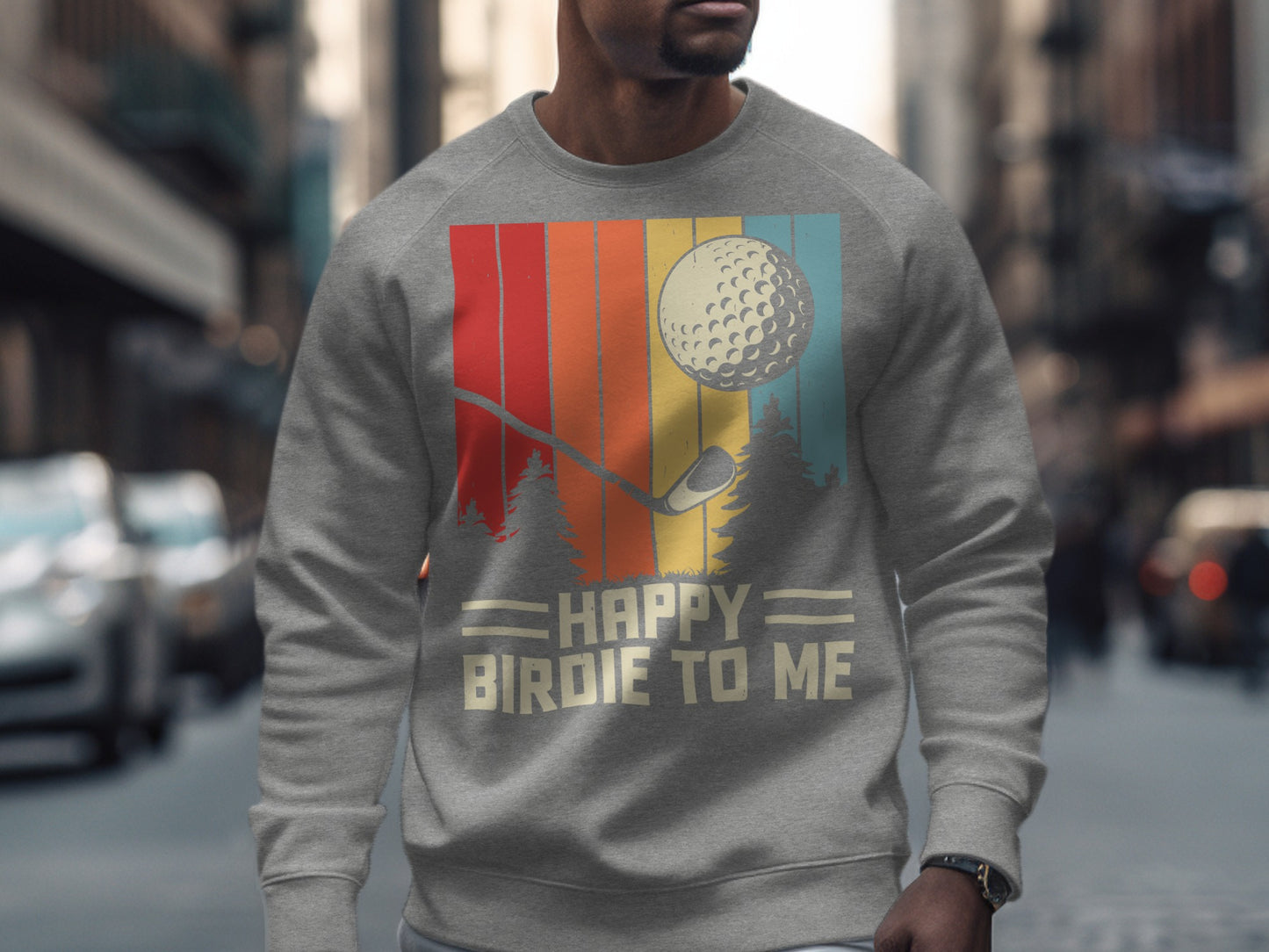 Grey sweatshirt with "Happy Birdie to Me" text and golf ball graphic.