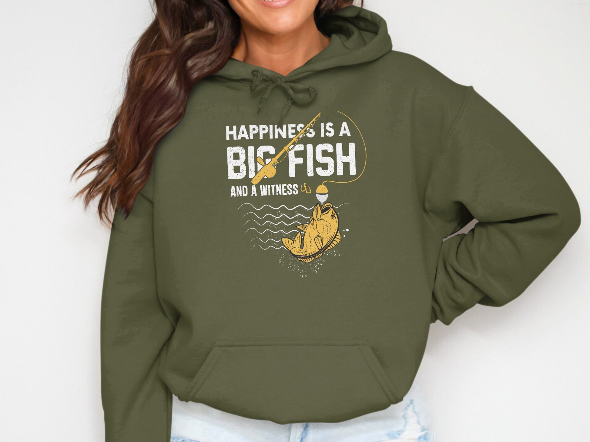 Green hoodie with "Happiness is a Big Fish" text and fishing graphic.