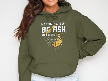 Green hoodie with "Happiness is a Big Fish" text and fishing graphic.
