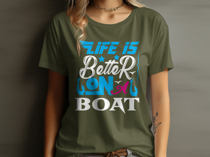 T-shirt with "Life is Better on a Boat" text and fishing hook graphic.