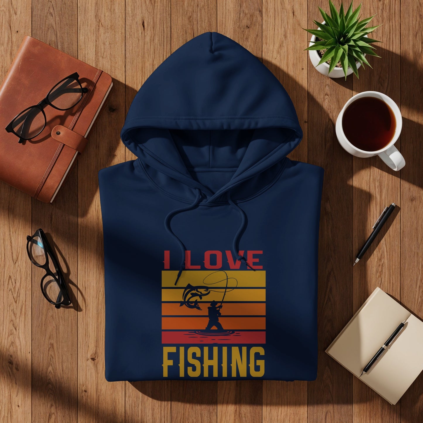 Navy blue hoodie with "I Love Fishing" text and fishing graphic.