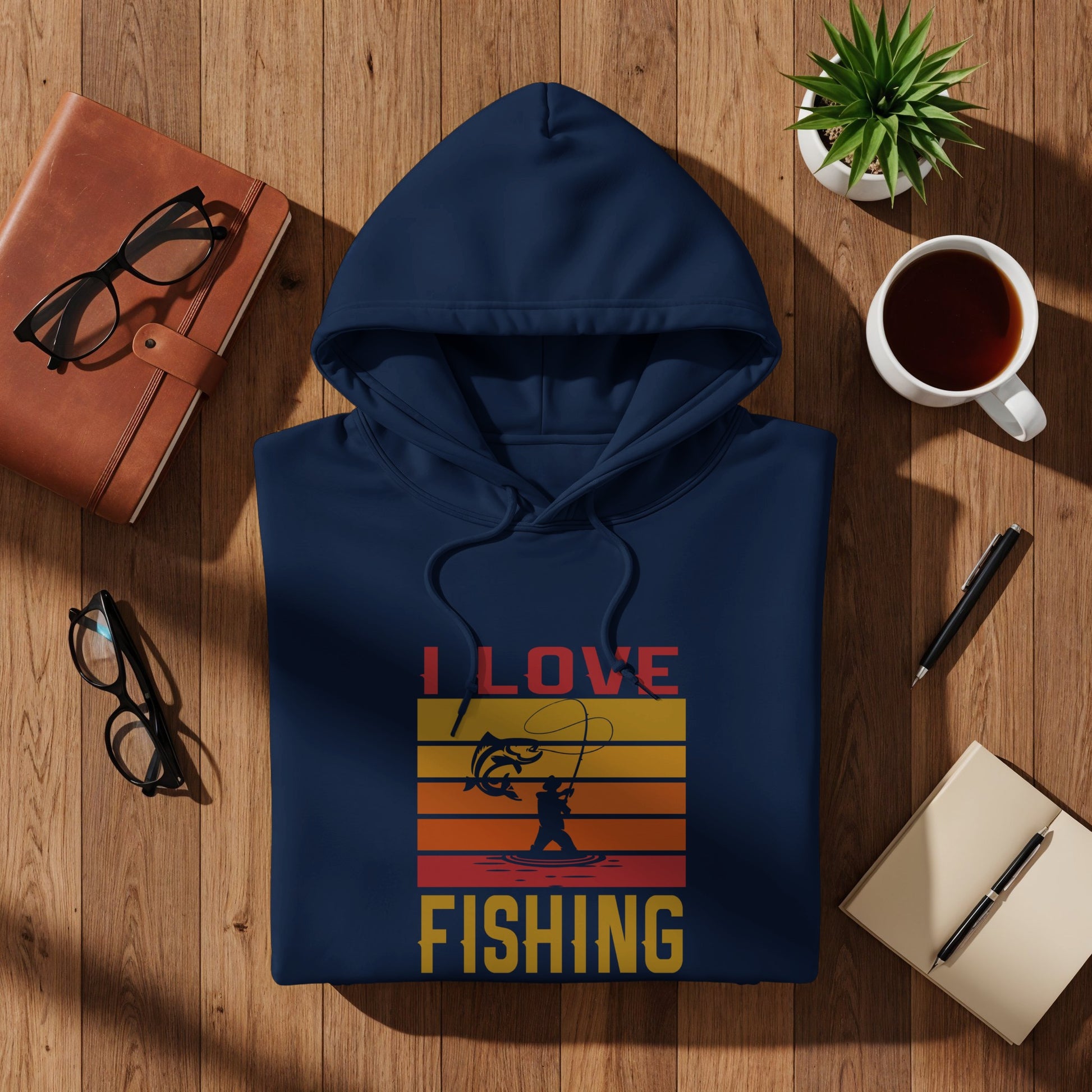 Navy blue hoodie with "I Love Fishing" text and fishing graphic.