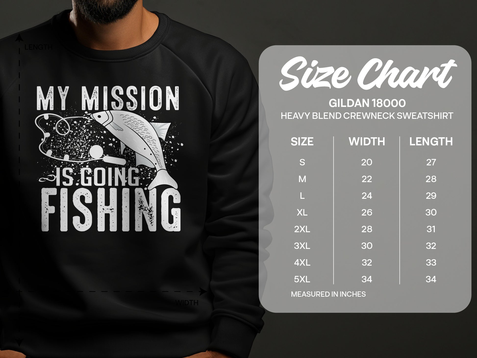 Gildan 18000 sweatshirt size chart with chest and length measurements.