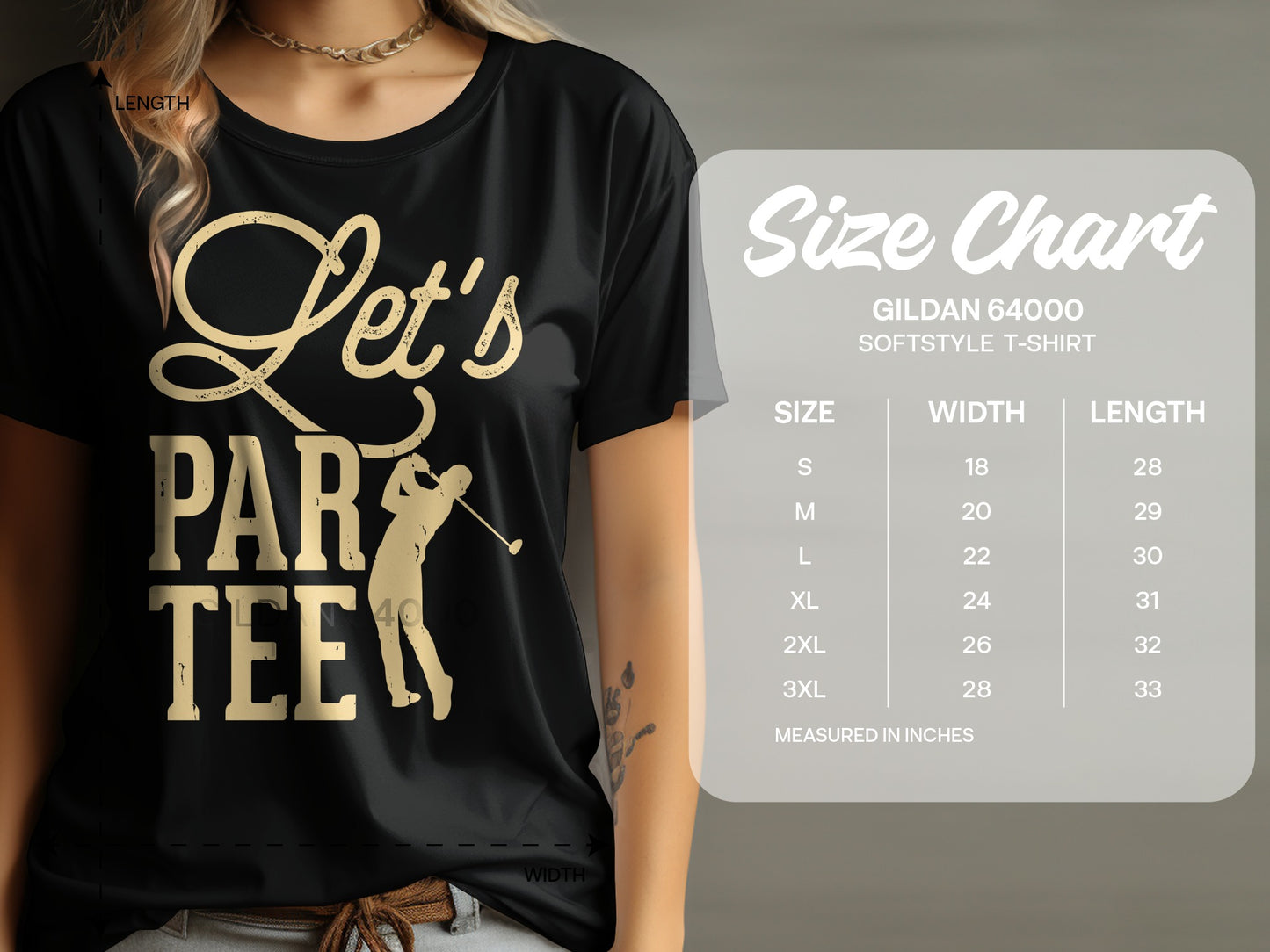 T-shirt size chart with text "Let's PAR TEER" and golf graphic.