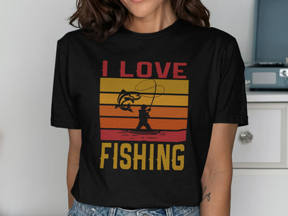 T-shirt with "I LOVE FISHING" text and fishing graphic.