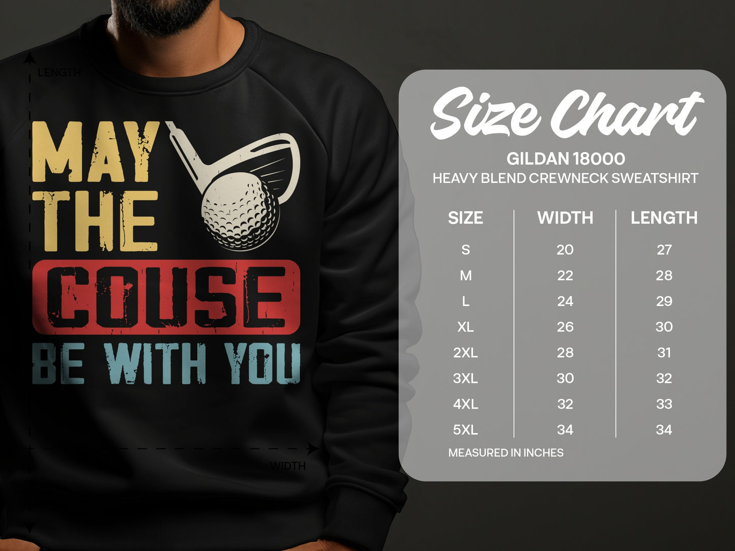 Gildan 18000 sweatshirt size chart showing dimensions in inches.