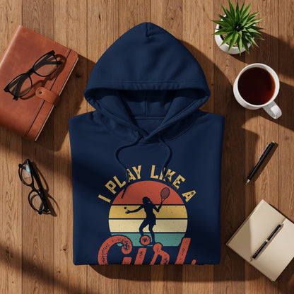 Navy blue hoodie with "I play like a girl" text and tennis player graphic.