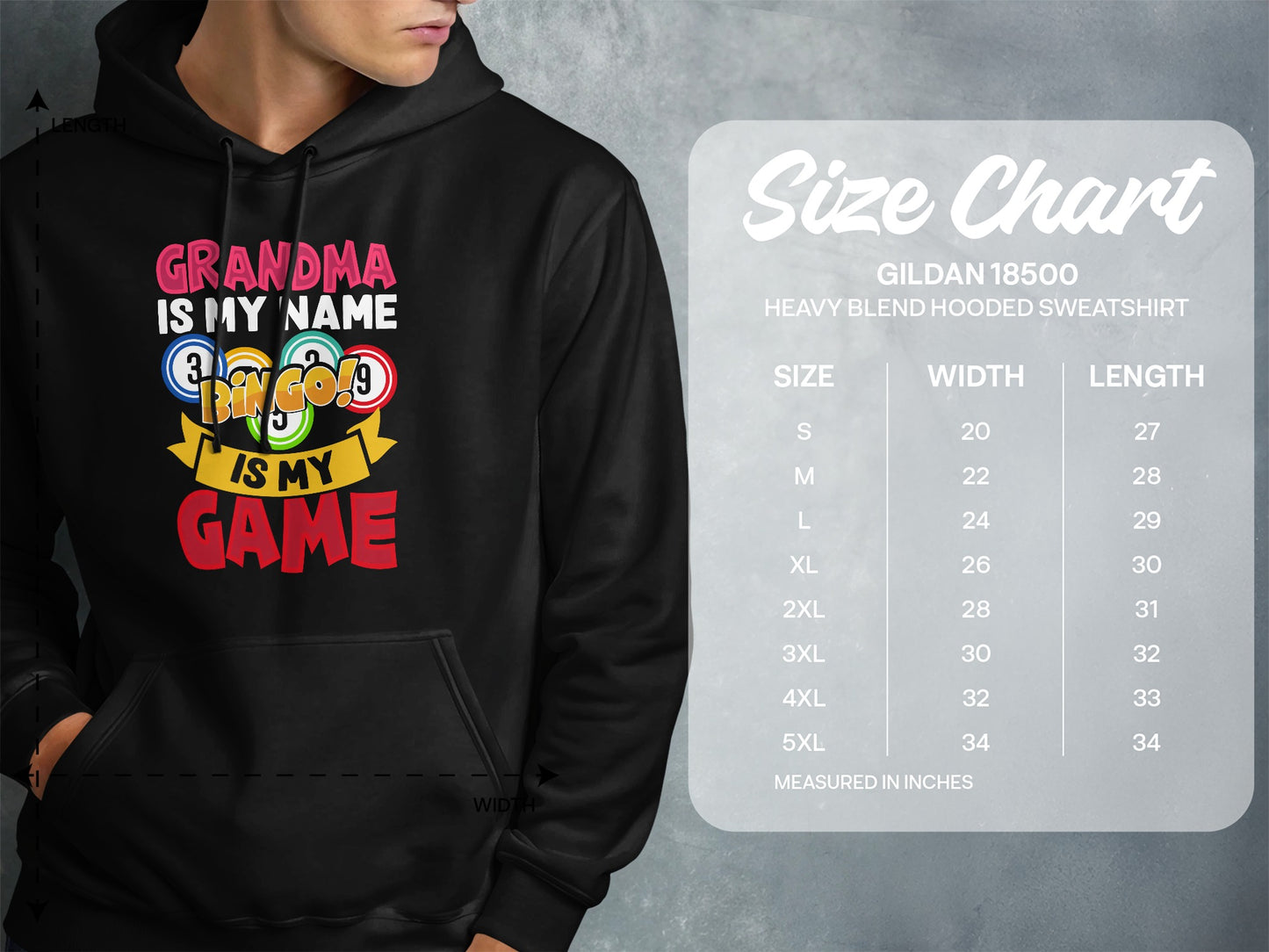Hoodie with "Grandma is my name Bingo is my game" graphic and size chart.